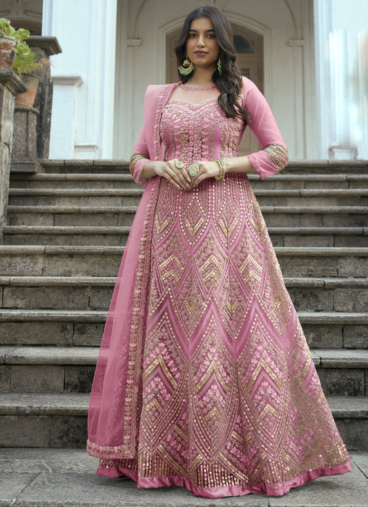 Cherry Pink Net Embroidered Anarkali Suit