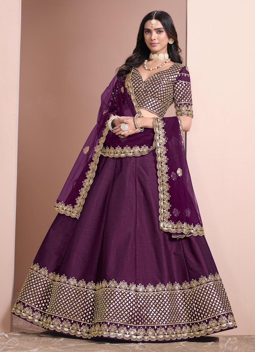 Wine Art Silk Embroidered  Lehenga Choli for Wedding