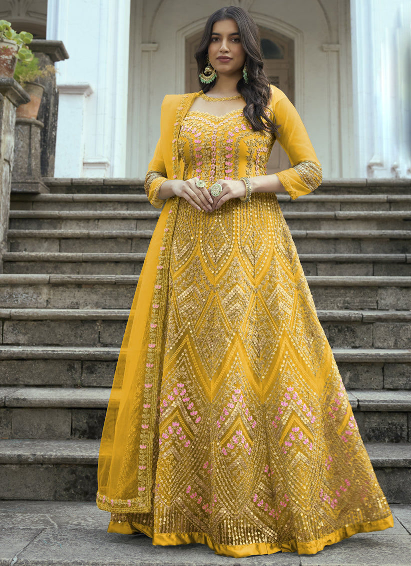 Golden Yellow Net Embroidered Anarkali Suit
