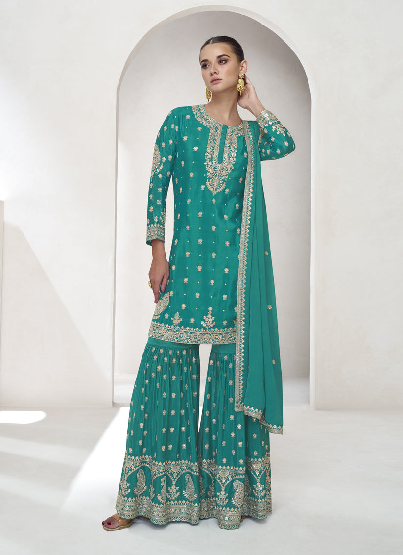 Rama Green Chinnon Silk Designer Sarara Kameez Suit