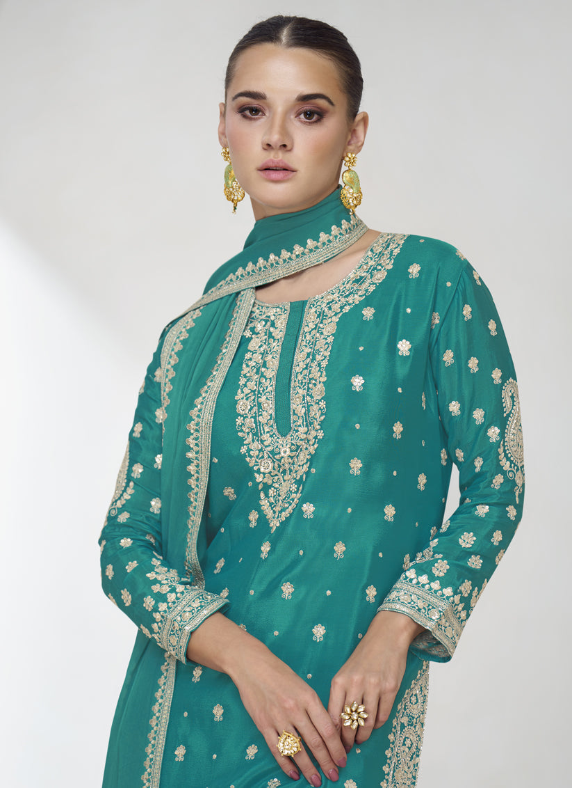 Rama Green Chinnon Silk Designer Sarara Kameez Suit