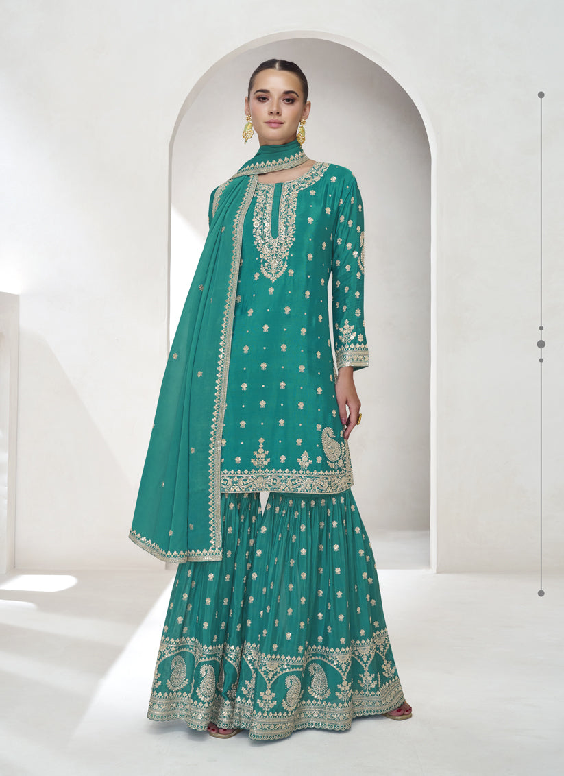 Rama Green Chinnon Silk Designer Sarara Kameez Suit