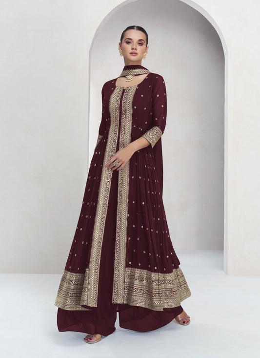 Maroon Georgette Embroidered Palazzo Kameez