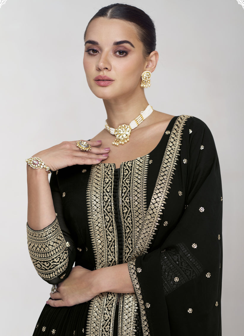 Black Georgette Embroidered Palazzo Kameez