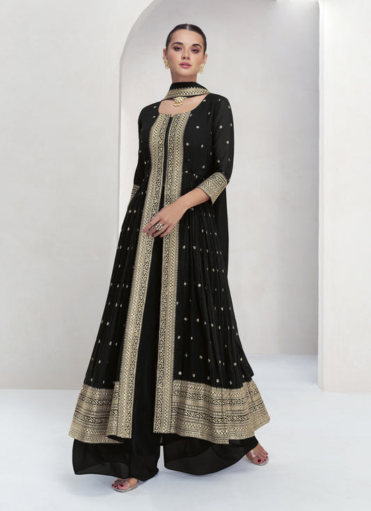 Black Georgette Embroidered Palazzo Kameez