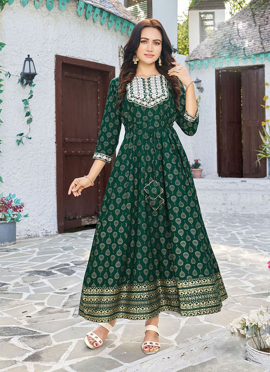 Green Rayon Printed Long Kurti