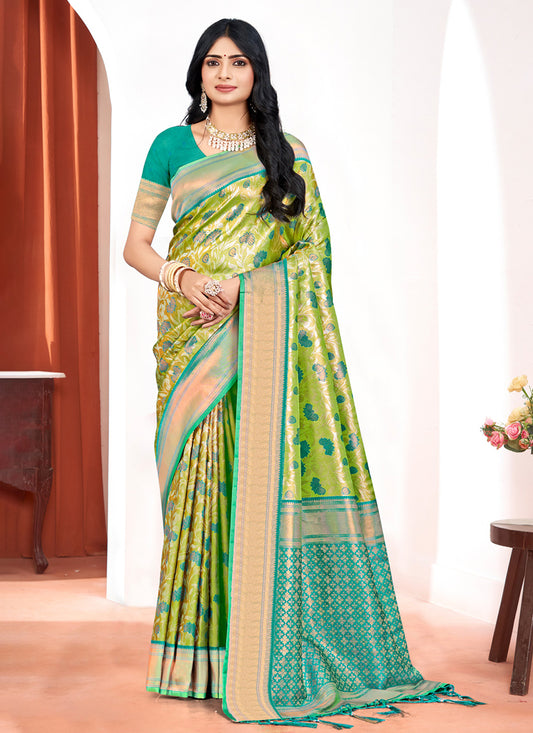 Neon Green Kanjivaram Silk Zari Woven Saree