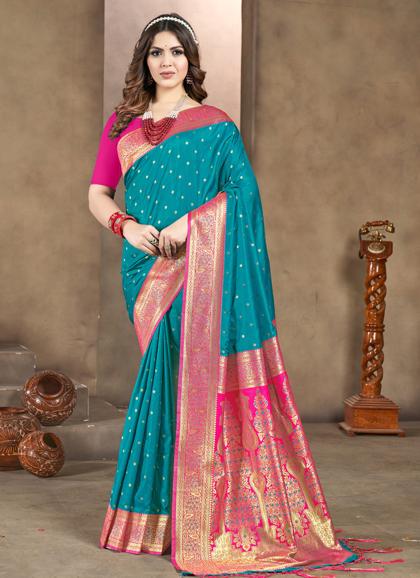 Firozi Silk Zari Woven Saree