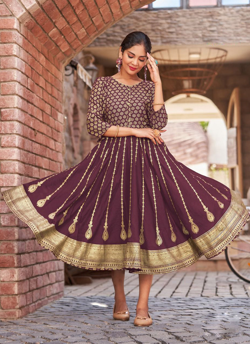 Burgundy Rayon Printed Anarkali Kurti