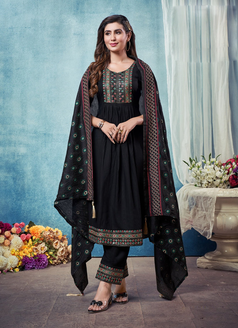 Black Heavy Rayon Embroidered Kurti Set