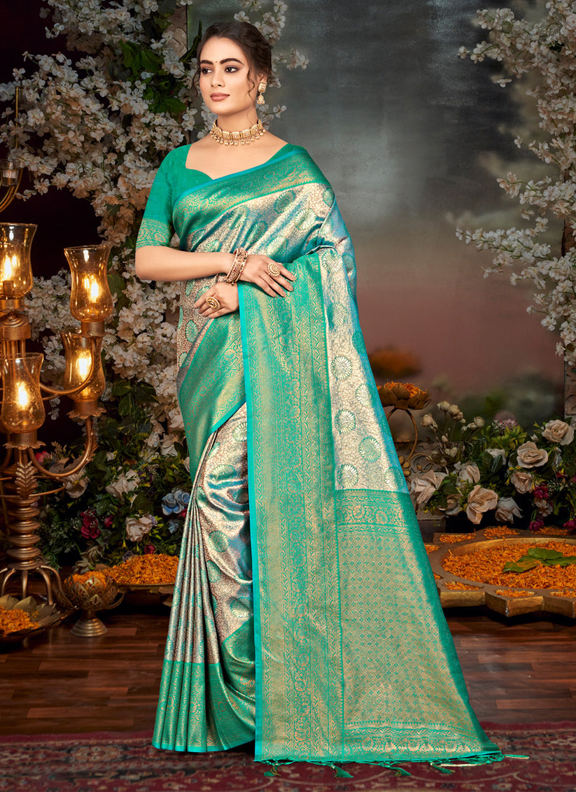 Silver Kanjivaram Silk Woven Saree For Festival