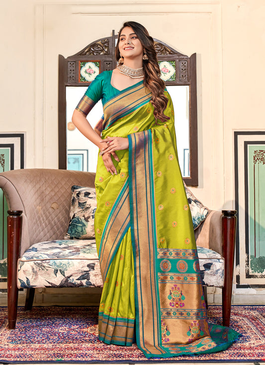 Lime Green Peshwai Paithani Silk Woven Saree