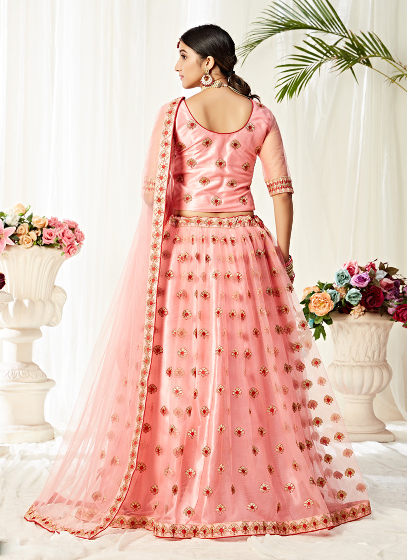 Coral Pink Net Embroidered Designer Lehenga Choli