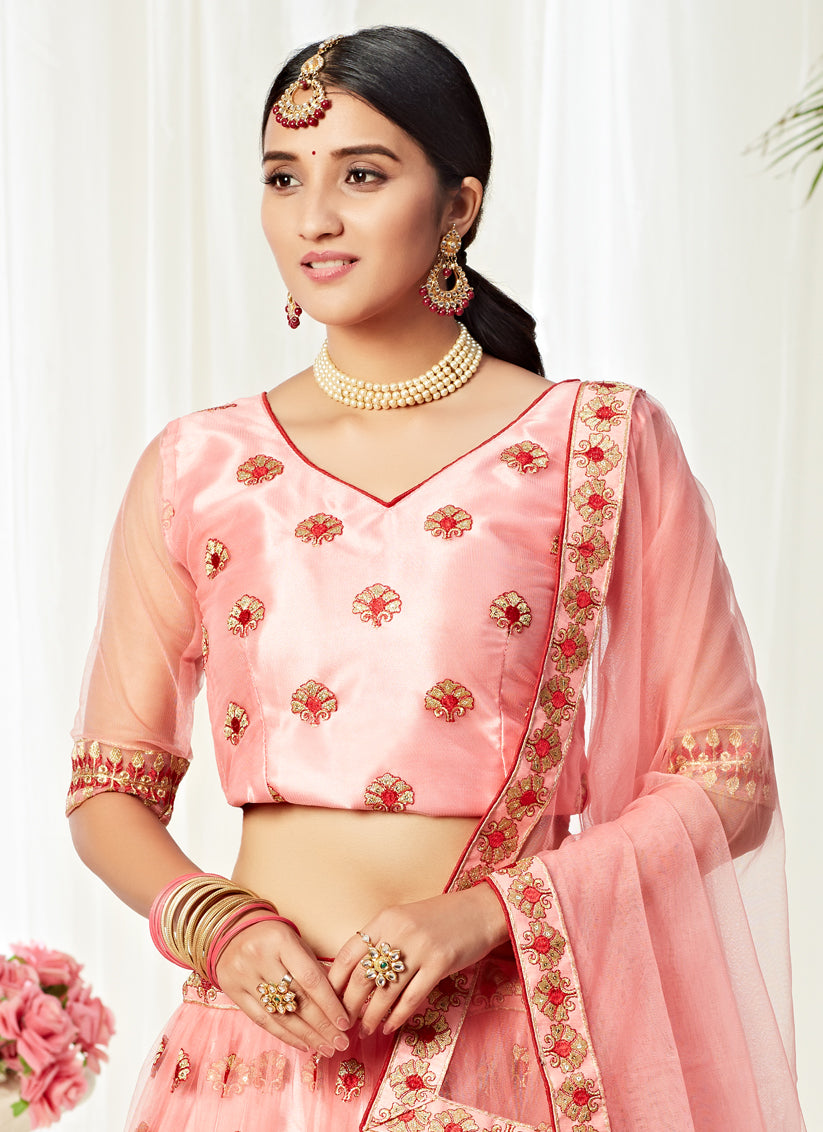 Coral Pink Net Embroidered Designer Lehenga Choli