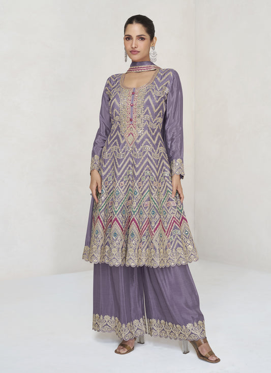 Mauve Chinnon Embroidered Palazzo Kameez