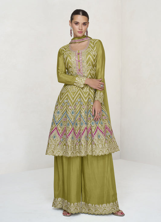 Lime Green Chinnon Embroidered Palazzo Kameez