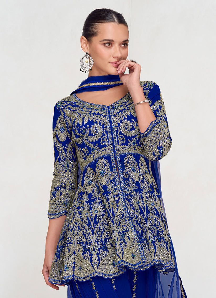 Royal Blue Real Georgette Embroidered Sarara Kameez Suit