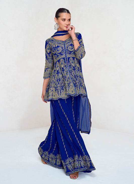 Royal Blue Real Georgette Embroidered Sarara Kameez Suit