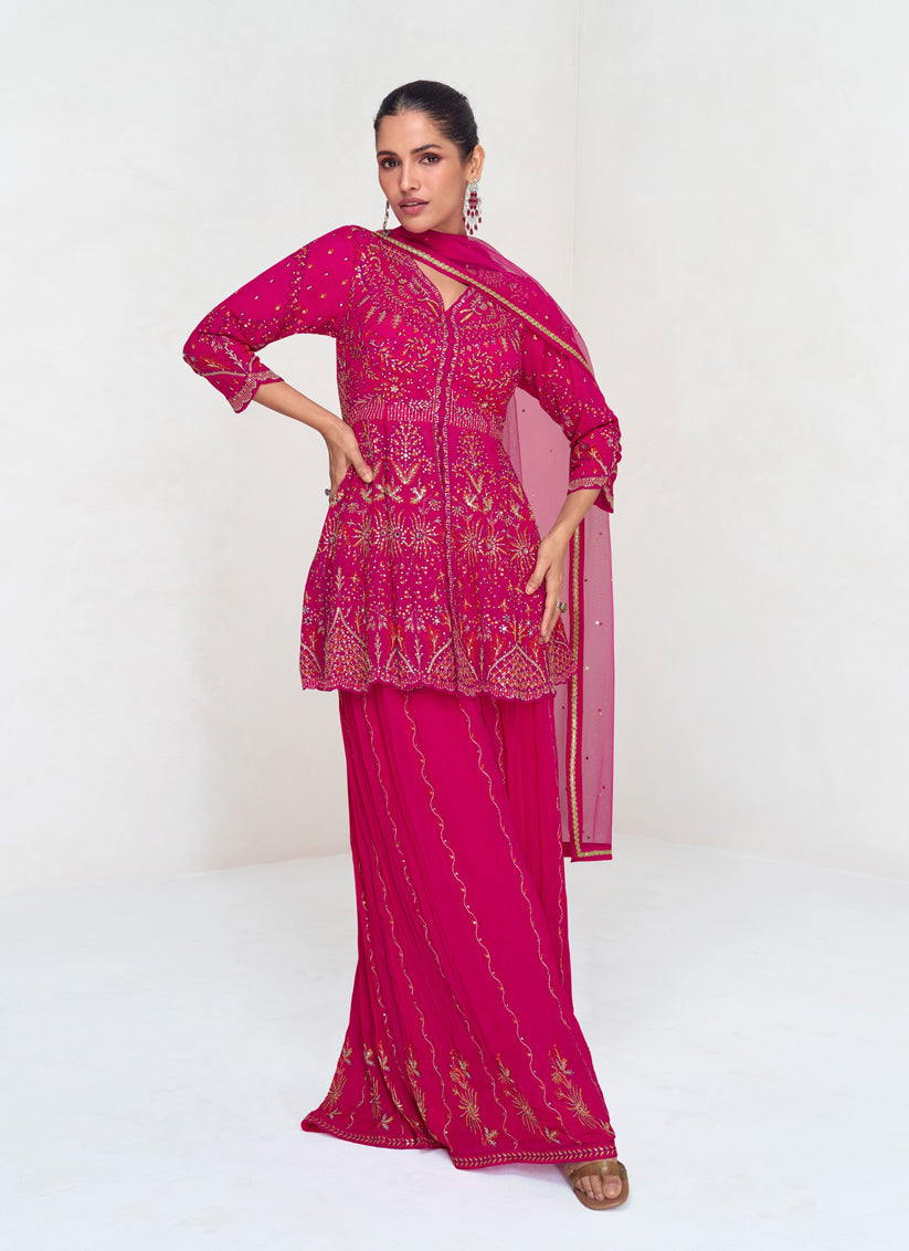 Rani Pink Real Georgette Embroidered Sarara Kameez Suit