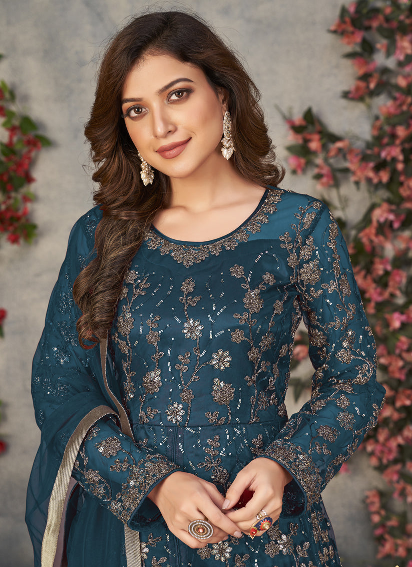 Peacock Blue Net Embroidered Pant Kameez
