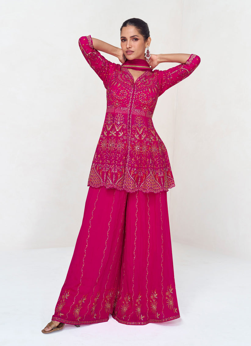 Rani Pink Real Georgette Embroidered Sarara Kameez Suit