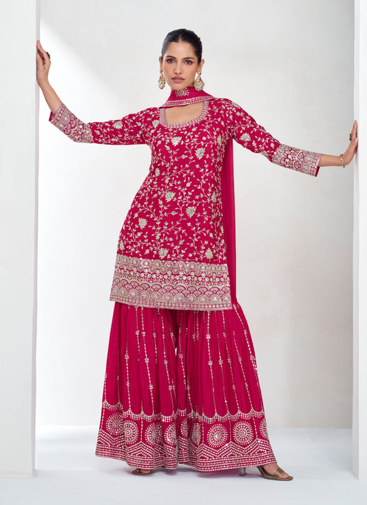 Rani Pink Chinnon Silk Designer Sarara Kameez Suit