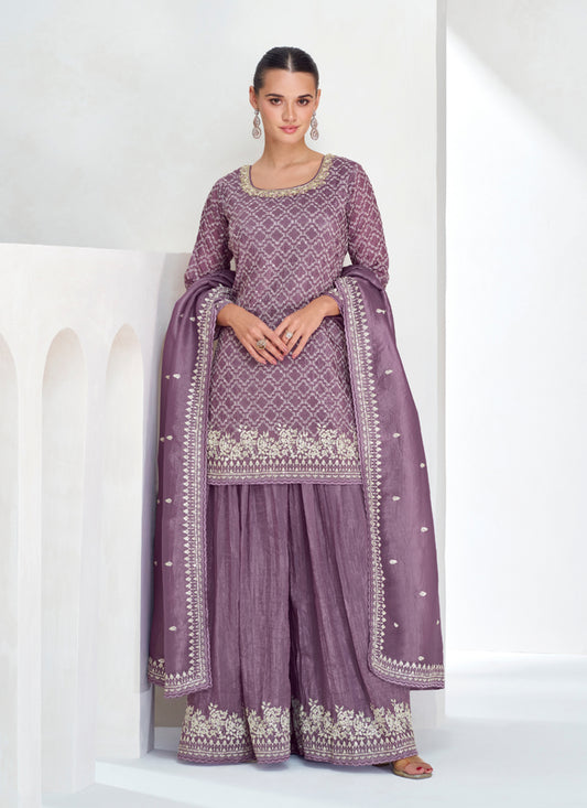 Mauve Chinnon Silk Designer Sarara Kameez Suit