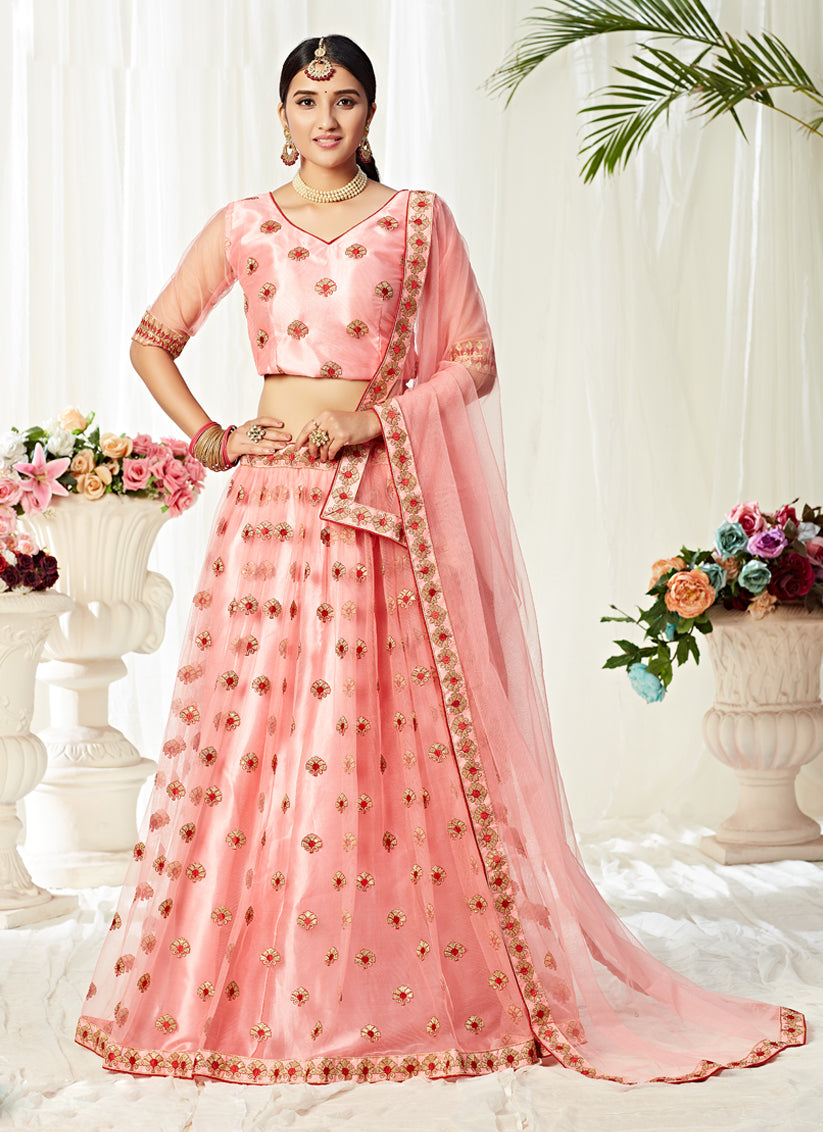 Coral Pink Net Embroidered Designer Lehenga Choli