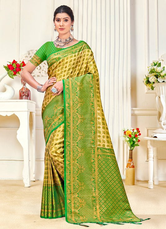 Lemon Yellow Kanjivaram Silk Woven Saree