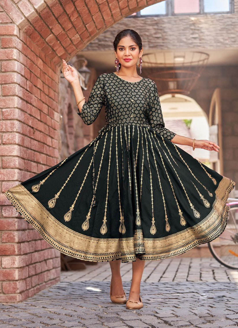 Black Rayon Printed Anarkali Kurti