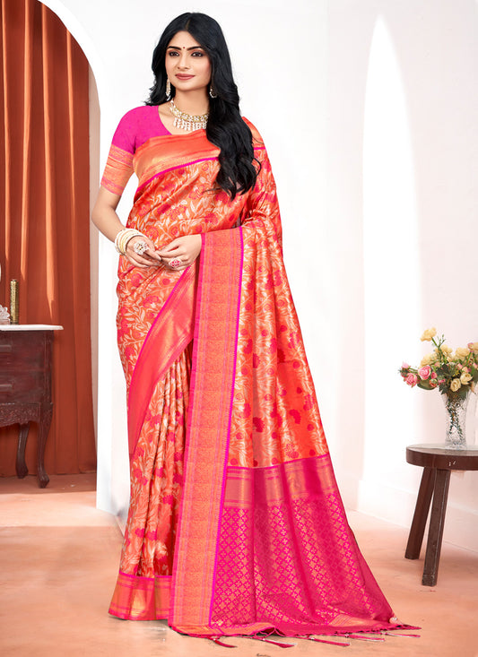 Coral Orange Kanjivaram Silk Zari Woven Saree