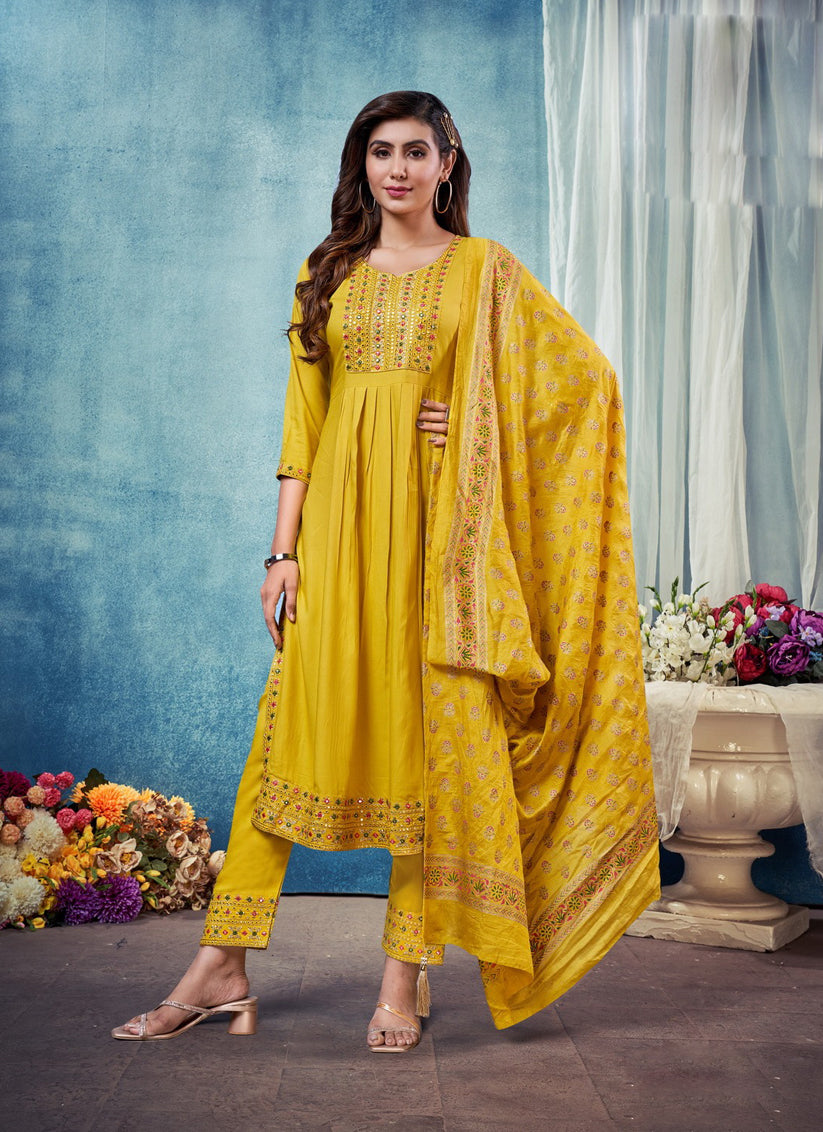 Yellow Heavy Rayon Embroidered Kurti Set