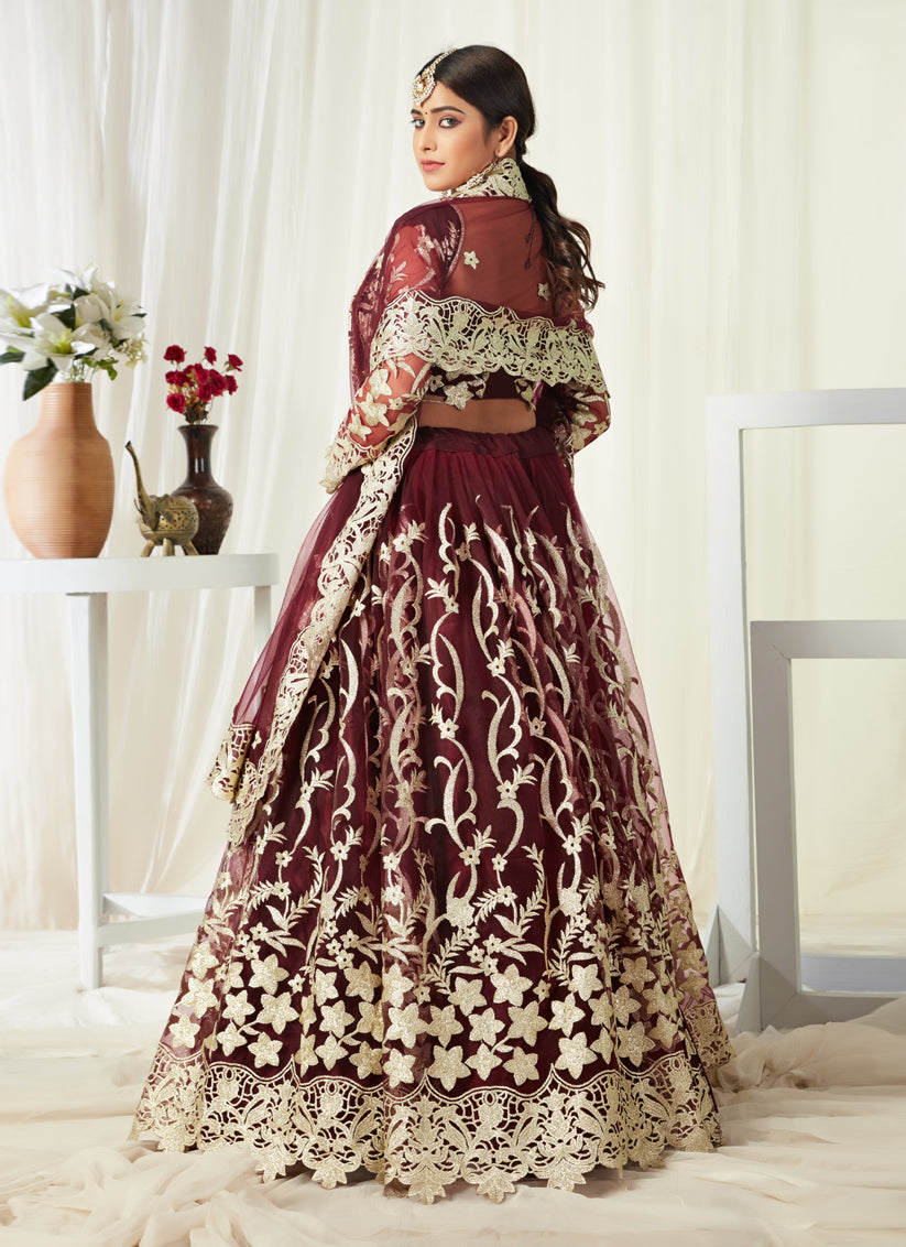 Burgundy Net Badla Work Bridal Lehenga Choli