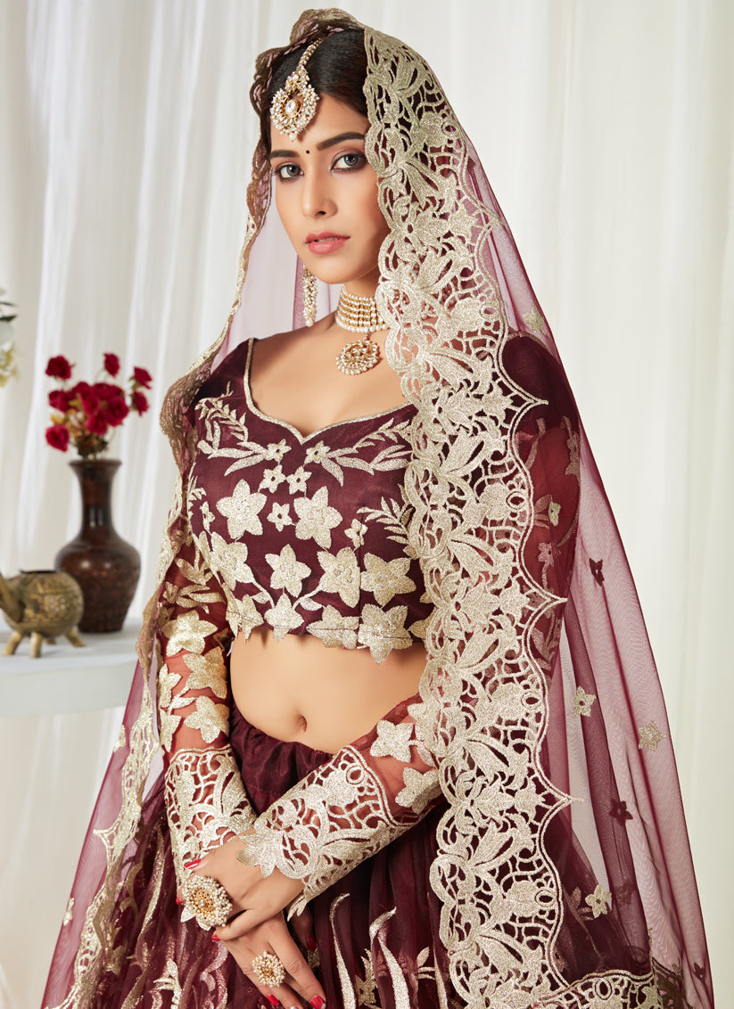 Burgundy Net Badla Work Bridal Lehenga Choli