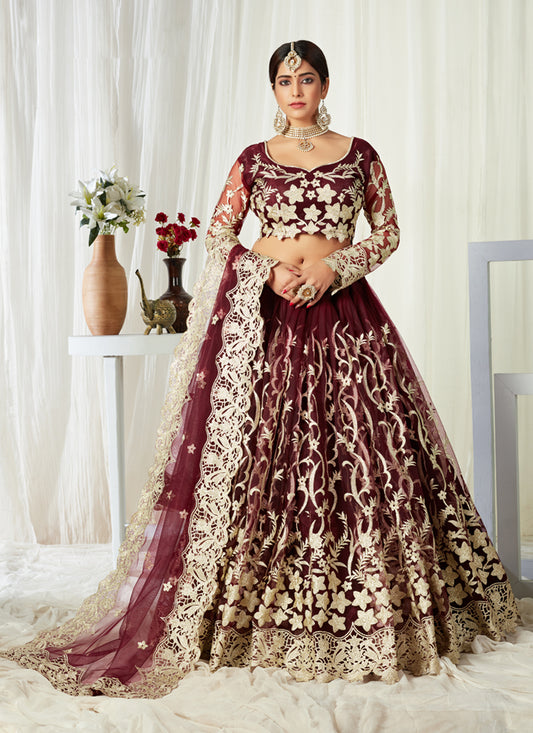 Burgundy Net Badla Work Bridal Lehenga Choli