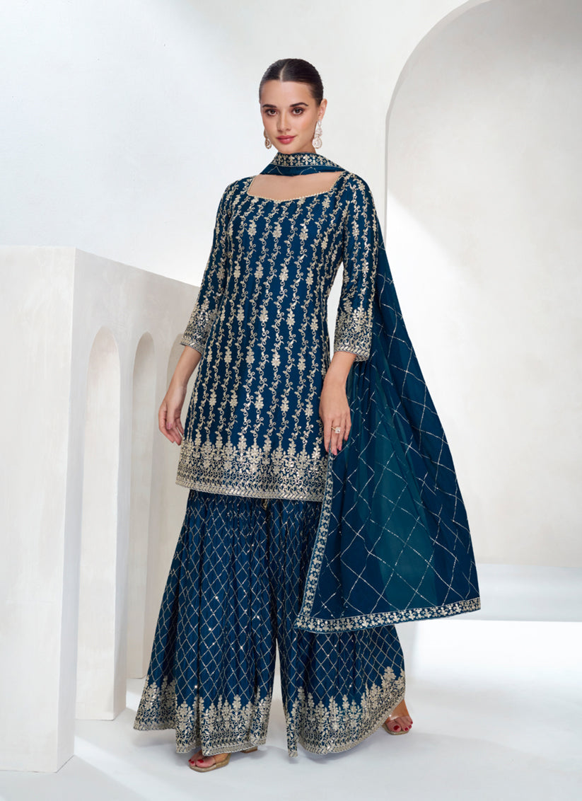 Peacock Blue Chinnon Silk Designer Sarara Kameez Suit