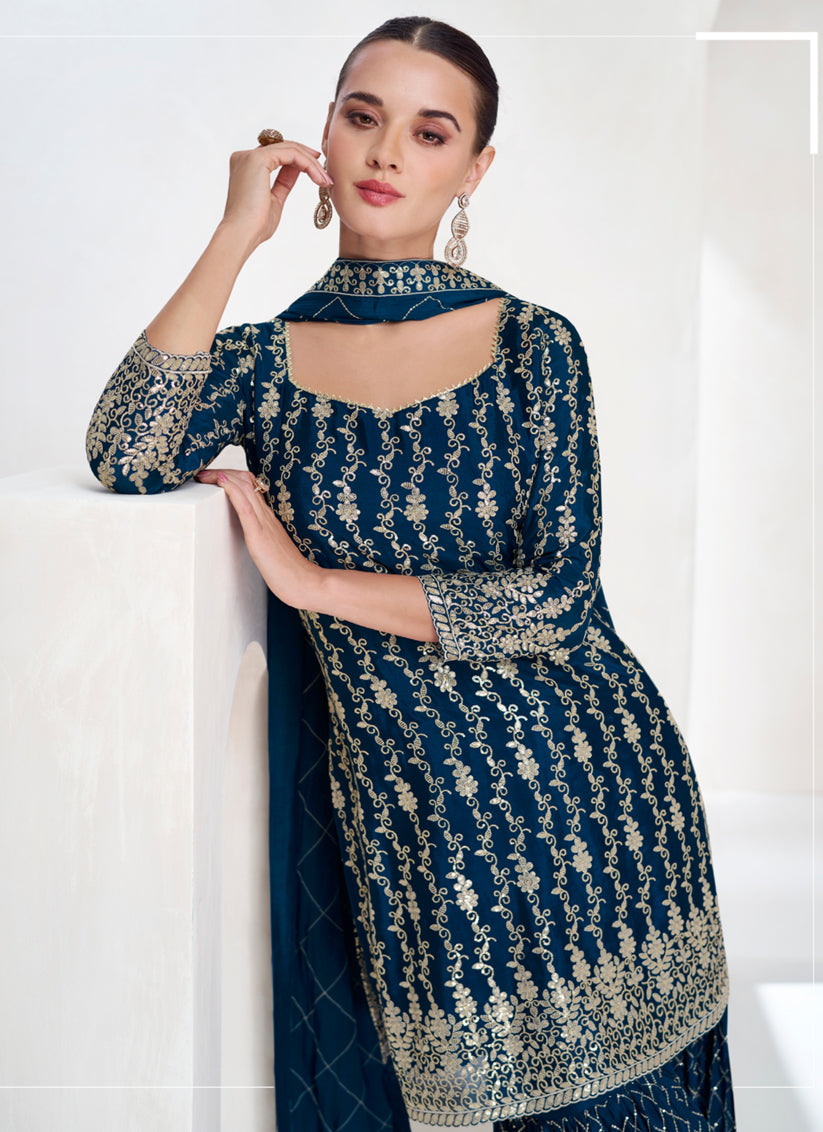 Peacock Blue Chinnon Silk Designer Sarara Kameez Suit