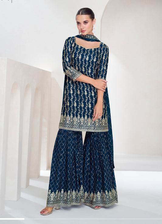 Peacock Blue Chinnon Silk Designer Sarara Kameez Suit