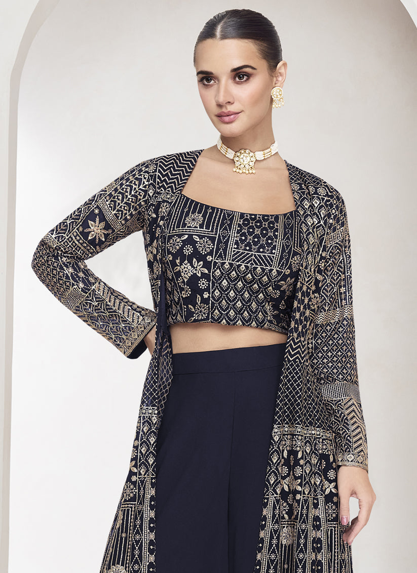 Midnight Blue Georgette Embroidered Designer IndoWestern