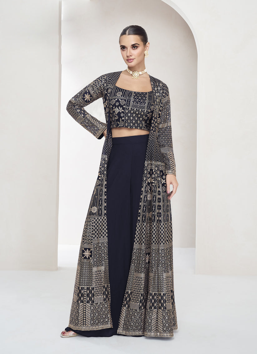 Midnight Blue Georgette Embroidered Designer IndoWestern