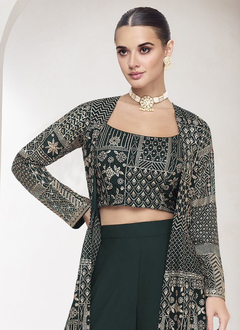 Pine Green Georgette Embroidered Designer IndoWestern