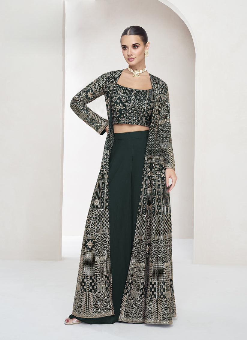 Pine Green Georgette Embroidered Designer IndoWestern