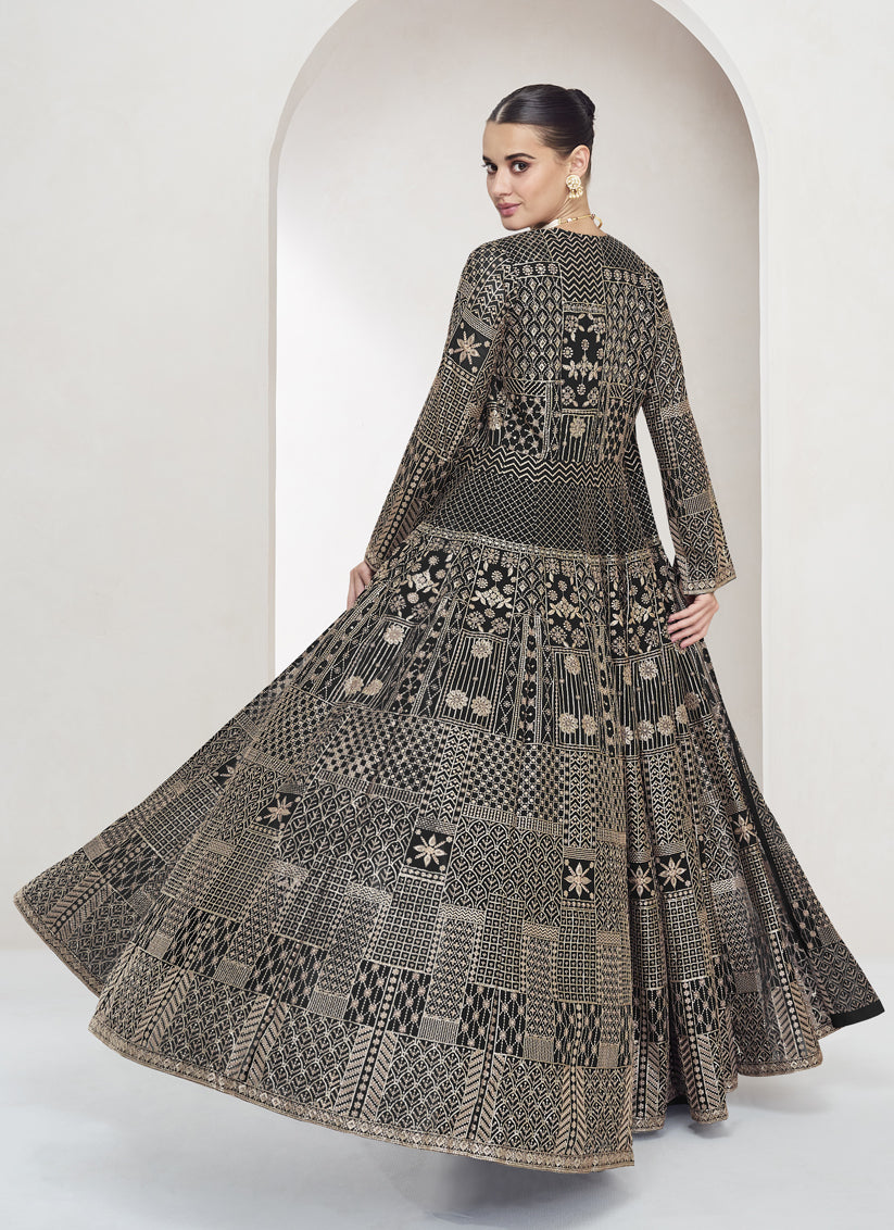 Charcoal Black Georgette Embroidered Designer IndoWestern