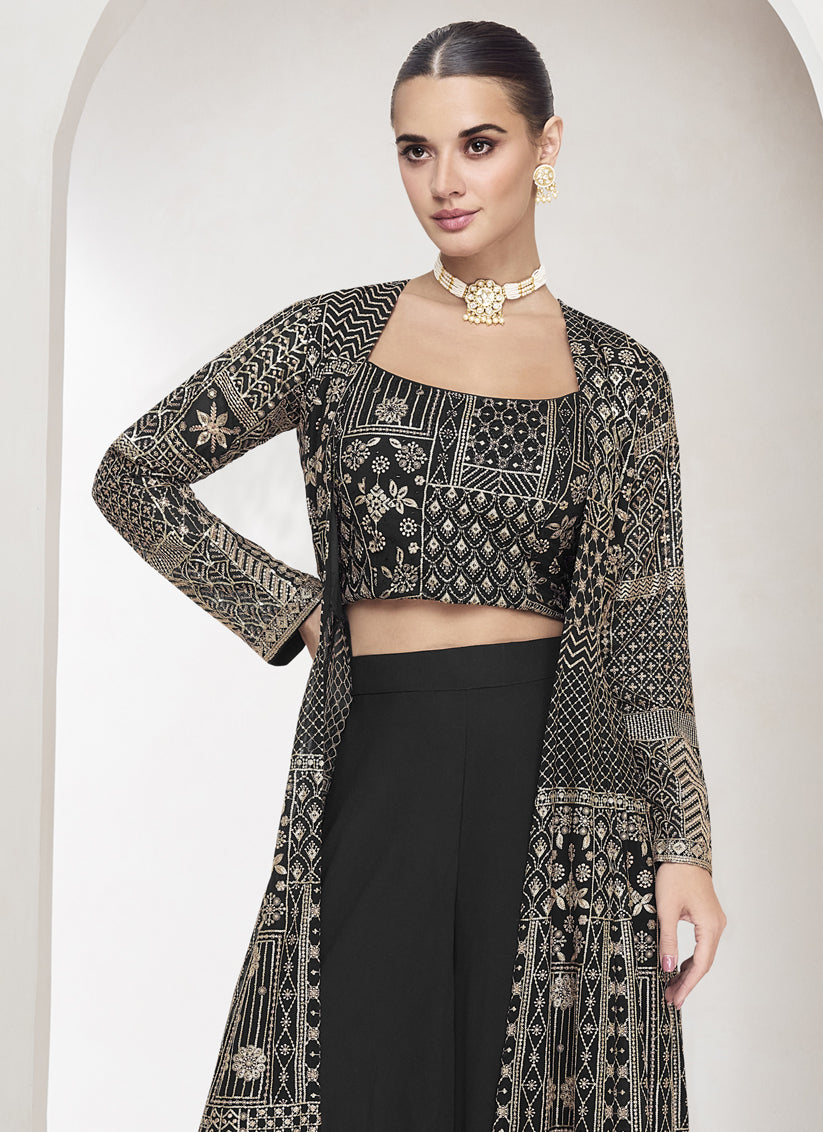 Charcoal Black Georgette Embroidered Designer IndoWestern