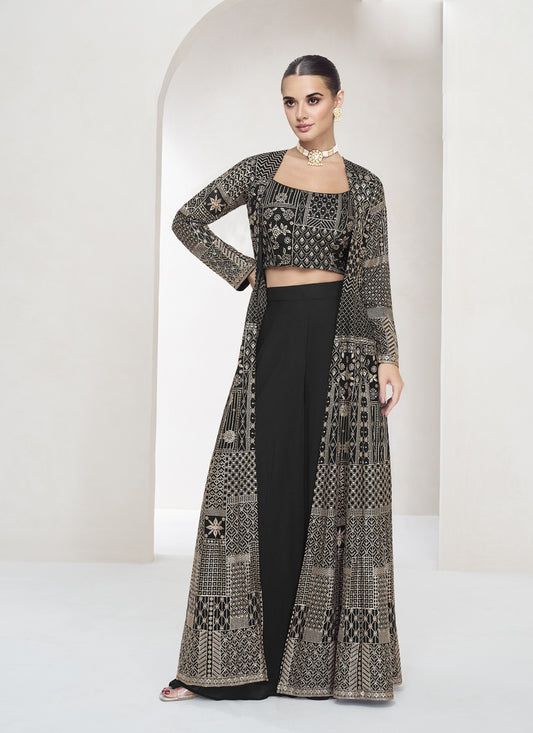 Charcoal Black Georgette Embroidered Designer IndoWestern