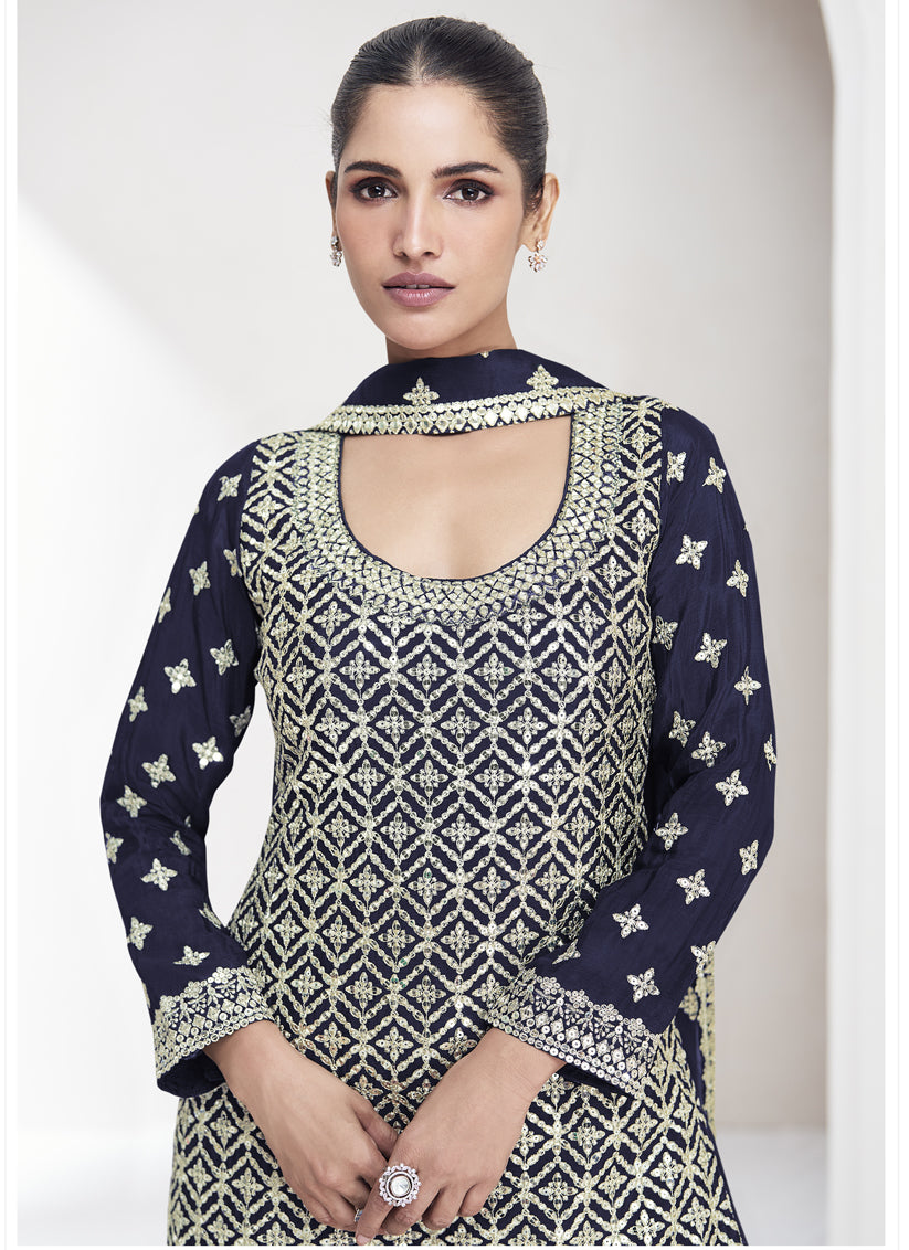 Navy Blue Chinnon Silk Zari Embroidered Palazzo Kameez