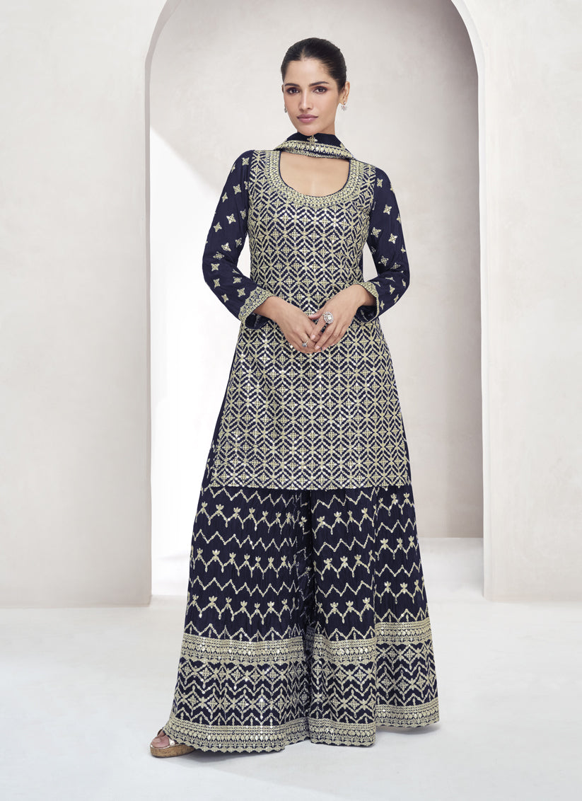 Navy Blue Chinnon Silk Zari Embroidered Palazzo Kameez