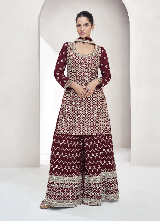 Maroon Chinnon Silk Zari Embroidered Palazzo Kameez