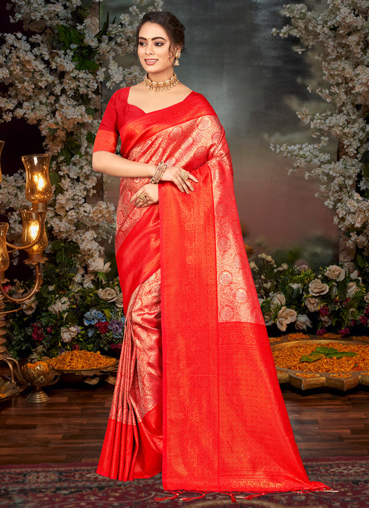 Coral Kanjivaram Silk Woven Saree For Festival