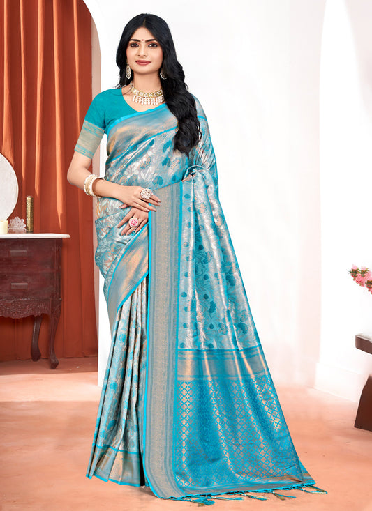 Sky Blue Kanjivaram Silk Zari Woven Saree